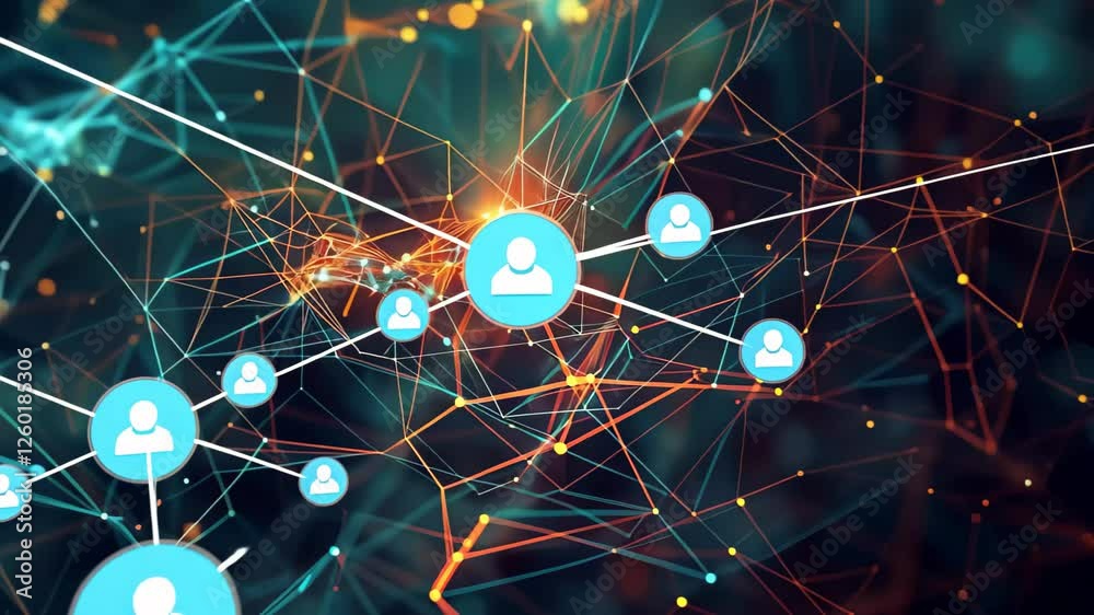 Poster an abstract visualization showcases vibrant connections between data points in a dark digital enviro