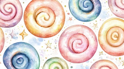 Whimsical Watercolor Spiral Sweets Pastel Candy Seamless Pattern Design