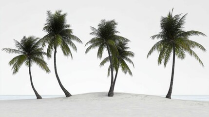 Group of Leaning Palm Trees on a Tranquil Beach Island Under a Soft Gray Sky