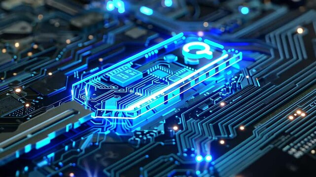 The close-up captures a vibrant blue microchip on a detailed circuit board, showcasing intricate patterns and glowing elements that suggest advanced technology.