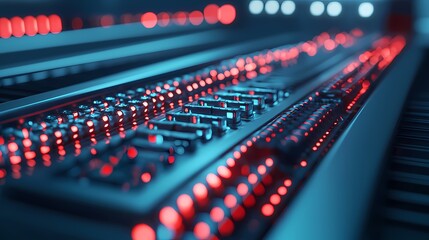 A close-up view of a digital control panel illuminated with red and blue lights, showcasing various knobs and buttons.