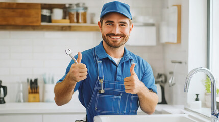 Smiling plumber holding pipe wrench and showing thumb up at sink with tap in the kitchen. secure plumbing services advertisement. Good job. Repairman or handyman fixing a tap. Special offer