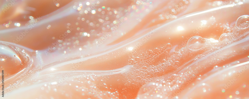 Poster elegant translucent beige gel texture with bubbles and reflections in a clean cosmetic setting