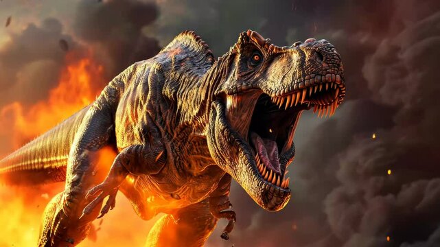 A powerful dinosaur charges through flames and smoke, displaying fierce teeth and an intense expression, set against a backdrop of volcanic activity.