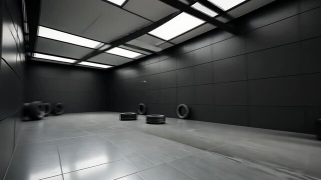 A sleek garage design features black walls with neatly arranged tires, emphasizing a contemporary and stylish automotive space