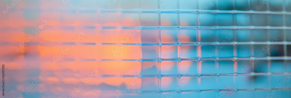 Poster Transparent plastic texture with distorted grid patterns against a blurry background in soft colors