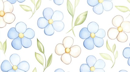 Obraz premium Watercolor Seamless Pattern Delicate Blue and Cream Flowers with Greenery Botanical Illustration