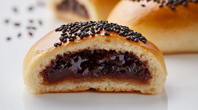 A freshly baked anpan filled with smooth red bean paste