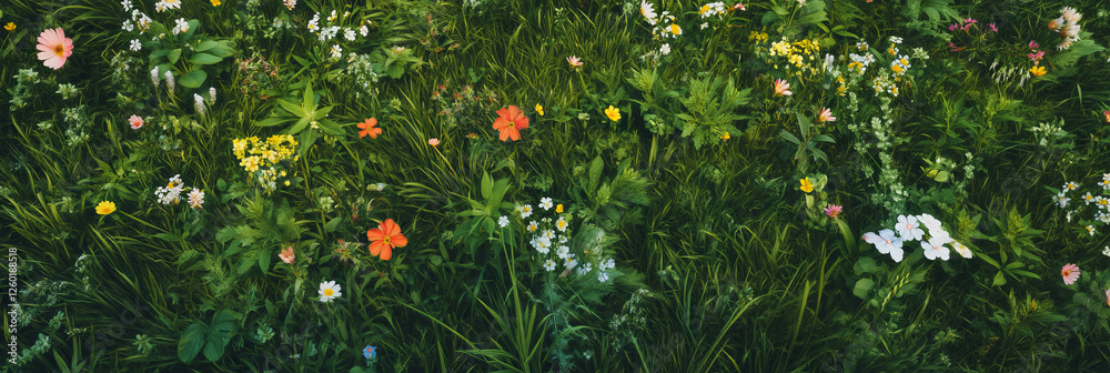 Poster colorful meadow with wildflowers and diverse grass textures from a top view perspective