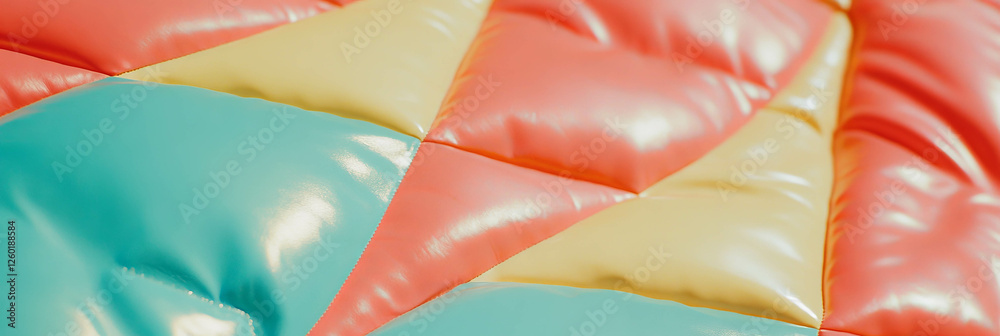 Poster brightly colored vinyl fabric features a vibrant quilted pattern displaying dynamic textures