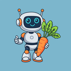 A friendly cartoon robot character, depicted in a light gray color scheme with dark accents, is holding a carrot with green leaves.