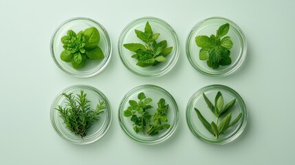 A top-down view of six petri dishes containing various fresh green herbs arranged aesthetically on a light background.