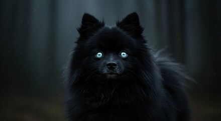 Obraz premium Black pomeranian with striking blue eyes stands in a misty forest, creating an atmospheric scene