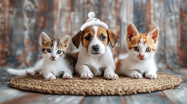 un chien, un chat et un lapin avec des chapeau de no&Atilde;&laquo;l, couch&Atilde;&copy;s et vus de face  HD 8K wallpaper Photographic Image