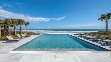 A beachside pool with waves crashing in the distance and lounge chairs. 