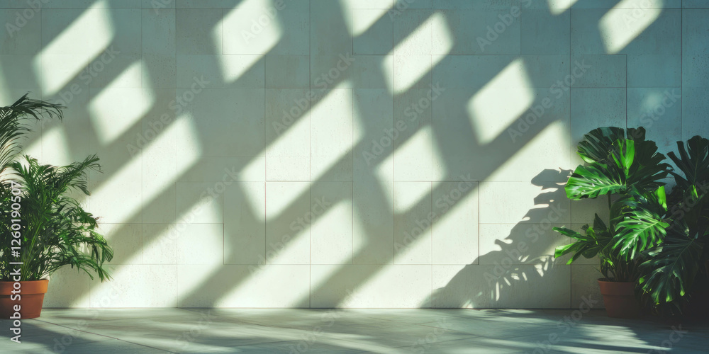 Poster brightly lit white wall with subtle grunge patterns and shadows from plants