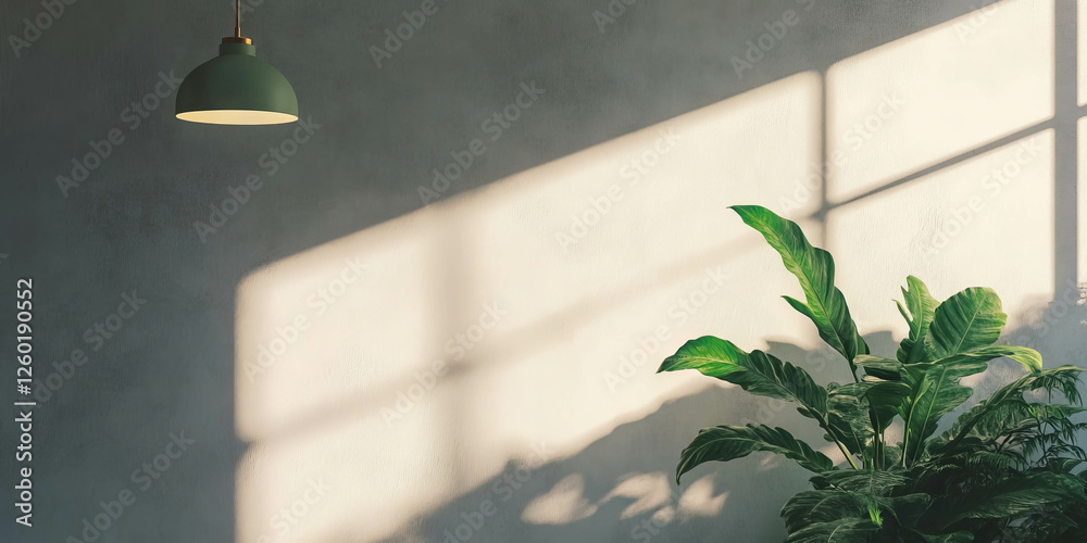 Poster white wall with subtle grunge patterns and greenery illuminated by bright lighting