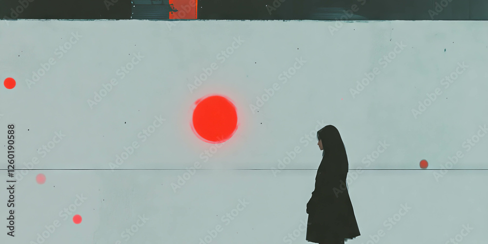 Poster White wall texture with subtle grunge patterns and dramatic red silhouette of a figure