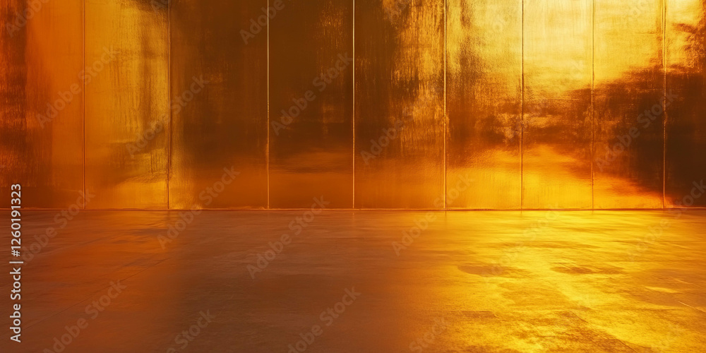 Poster oxidized gold wall with stained concrete texture creating a grungy aesthetic in warm light