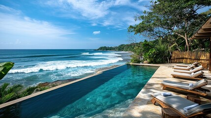 A beachside pool with waves crashing in the distance and lounge chairs.