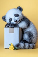 Adorable Panda Cub Sleeping Peacefully Beside a Cardboard Box with Yellow Flowers