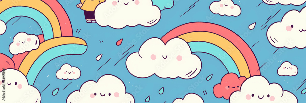 Poster colorful rainbows and cheerful clouds with raindrops create a whimsical atmosphere