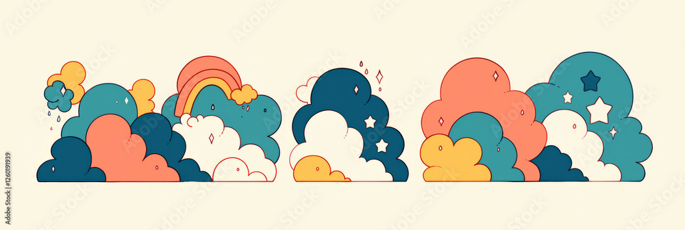 Aufkleber colorful rainbows and tiny clouds with raindrops create a whimsical atmosphere