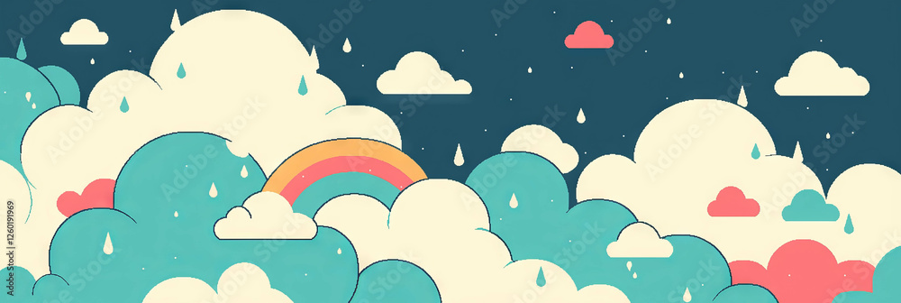 Poster colorful pixel art of tiny clouds with raindrops and rainbow reflections in a playful banner