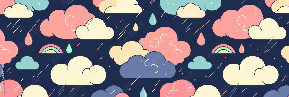 Poster Tiny clouds with raindrops and rainbow reflections create a whimsical banner background