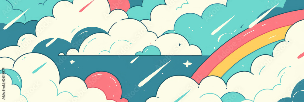 Aufkleber stylized clouds with raindrops and vibrant rainbow reflections create a cheerful background