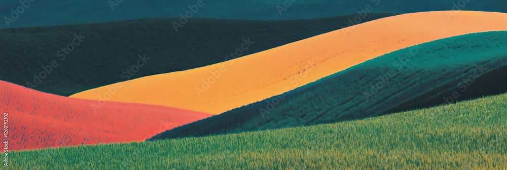 Poster colorful stylized fields featuring various crops with vibrant textures in rolling landscapes