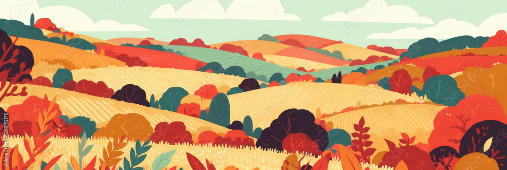 Poster stylized fields showcasing diverse crops and vibrant textures across a colorful landscape