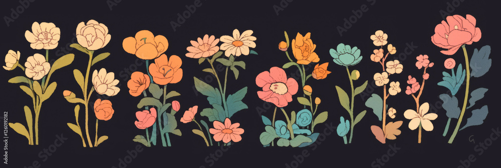 Poster colorful tiny stylized flowers arranged in a delightful horizontal display of nature