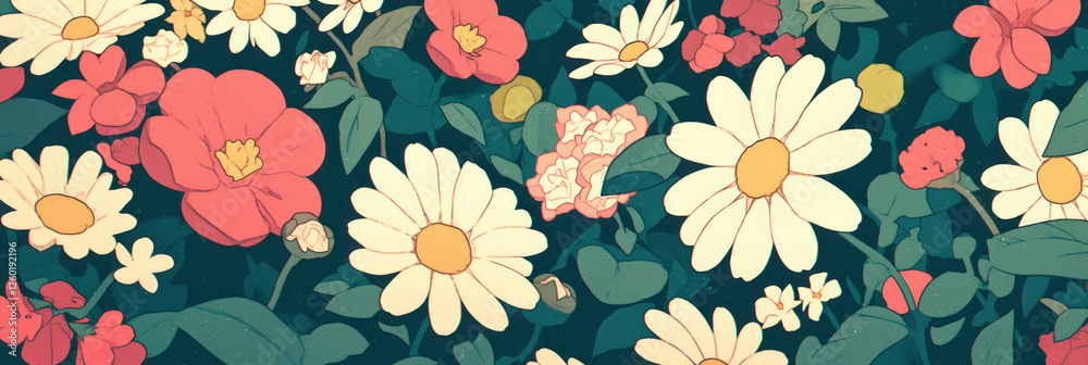 Aufkleber Delightful array of tiny stylized flowers in vibrant colors and shapes