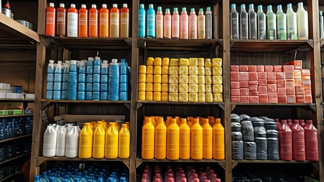 Shelf Abundance: A meticulously arranged display showcases a vibrant array of products, neatly organized on sturdy wooden shelves, inviting consumers to explore and discover a plethora of choices.