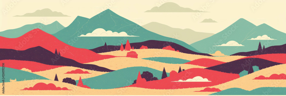 Poster Stylized hills with unique textures create a vibrant and colorful landscape backdrop