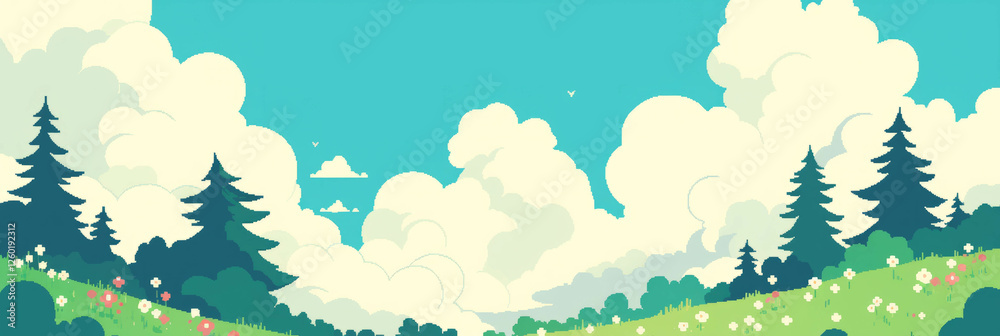 Poster stylized pixel art of tiny hills with varied textures for a vibrant banner background