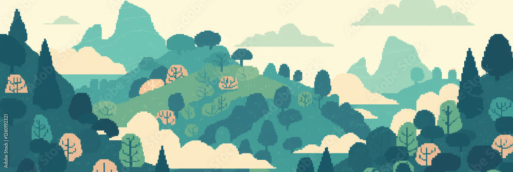 Poster stylized pixel art hills with textured patterns create a whimsical landscape background