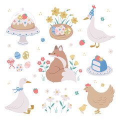 A set of Easter illustrations eggs, fox, duck, chicken, chick, nest with eggs, cupcake, flowers