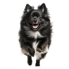 Obraz premium Happy labyrinth of happy Finnish Lapphund running towards the camera, isolated on a white background, high-resolution, photorealistic image. 