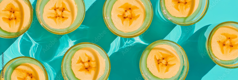 Poster bright yellow milk features banana ripples with neatly sliced bananas arranged in a pleasing layout