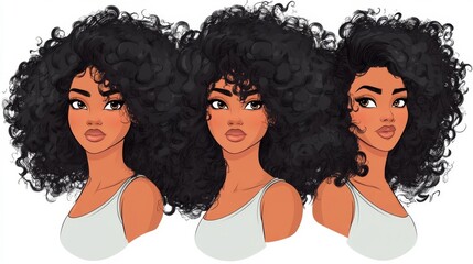 Diverse hairstyles showcasing natural curly hair in three distinct styles during a creative design session