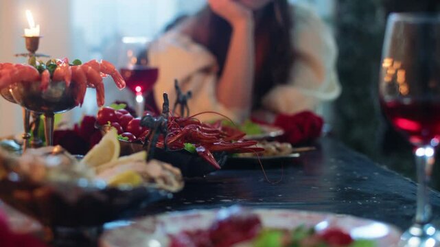 Retro date of a young couple. They sit at the table and drink wine, talk and joke. There are seafood on the table. 
They dance and watch the sunset. A beautiful young girl with a bouquet of roses.