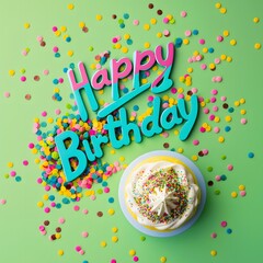 Happy Birthday Writing with Cupcake and Colorful Confetti Green Background