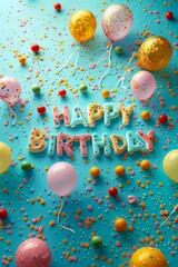 Happy Birthday Background, Celebration with Colorful Balloons and Confetti
