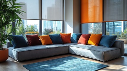 roller blinds with motors in the room next to the windows with the sunscreen curtains is a sofa with colorful pillows interior full height windows have automated roller shades sunny da