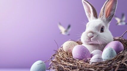 A delightful bunny sits comfortably in a cozy nest filled with pastel-colored Easter eggs, surrounded by a whimsical atmosphere with softly blurred birds flitting in the background