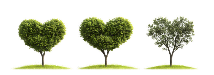 Set of green, heart-shaped trees isolated on a white background. A collection of three realistic tree shapes in the form of a love symbol, a concept for a park or garden design, spring season 