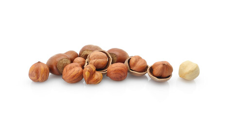 Split hazelnuts isolated on white background