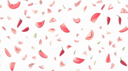 Colorful Pattern of Sliced Tomatoes and Chili Peppers on White Background